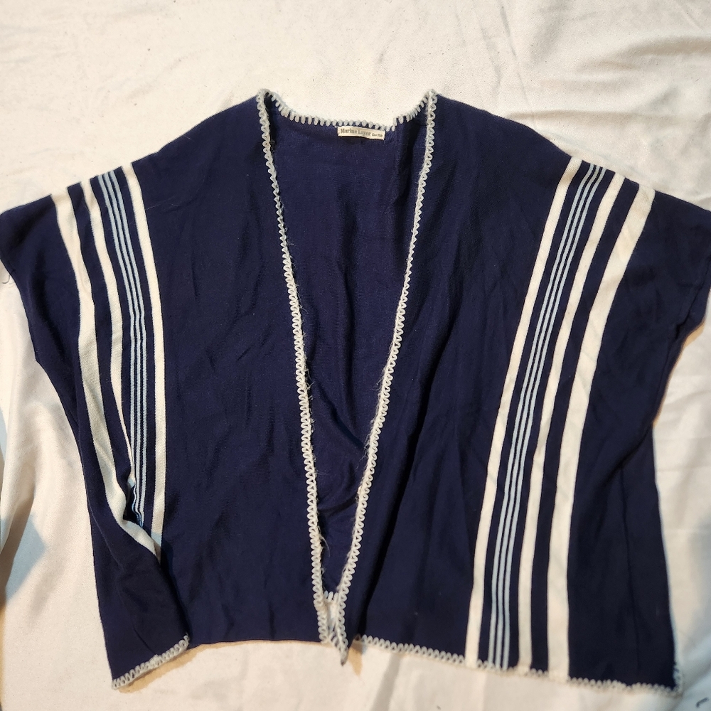 Marine Layer The Cameron Poncho Navy Blue Stripe Wrap Top One Size Crochet Trim